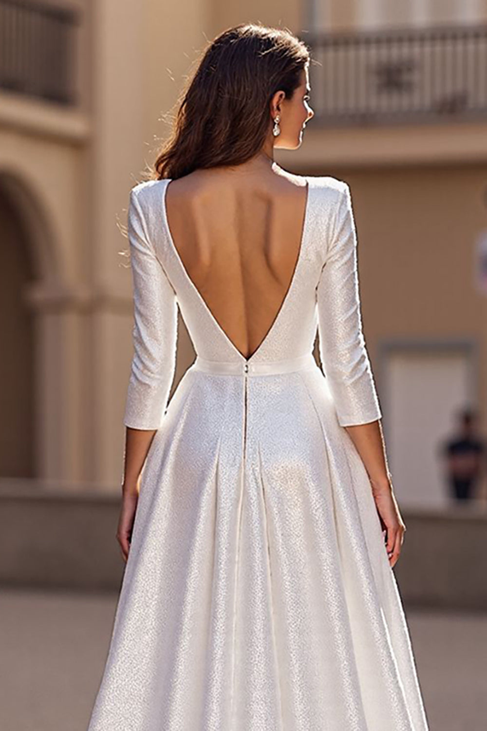 Simple Ivory Satin V-Neck 3/4 Sleeves A Line Sweep Train Wedding Dress