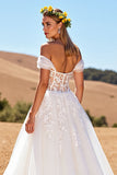 Tulle Corset Ivory A-Line Sweep Train Wedding Dress with Lace
