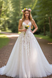 Ivory Corset A-Line Tulle Sweep Train Wedding Dress with Lace