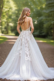 Ivory Corset A-Line Tulle Sweep Train Wedding Dress with Lace