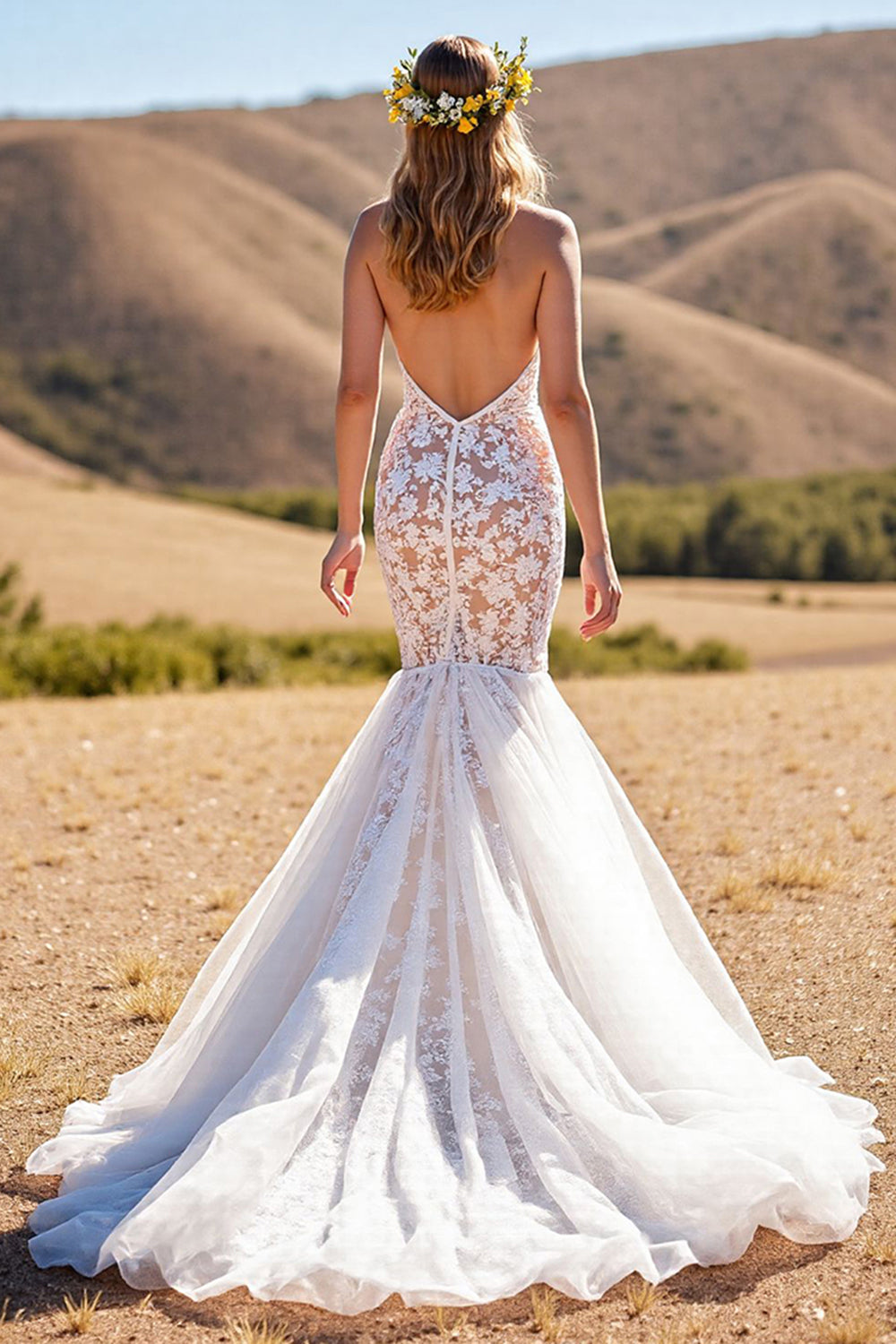 Tulle Ivory Mermaid Sweep Train Wedding Dress with Lace