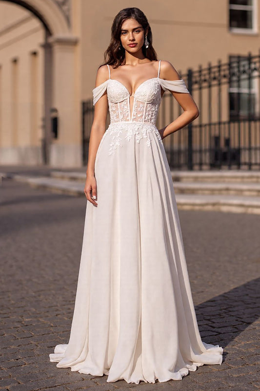 Ivory Corset Boho Sweep Train Chiffon Wedding Dress with Appliques