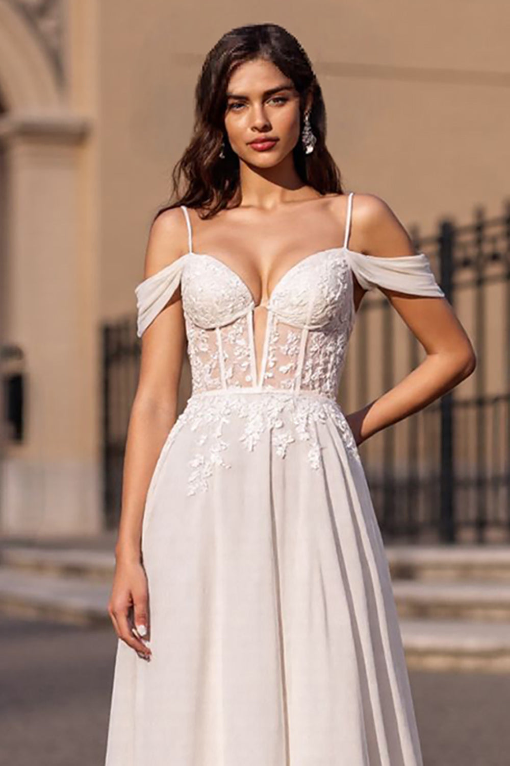 Ivory Corset Boho Sweep Train Chiffon Wedding Dress with Appliques