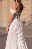 Ivory Corset Boho Sweep Train Chiffon Wedding Dress with Appliques