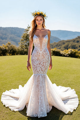 Ivory Lace Corset Mermaid Spaghetti Straps Sweep Train Wedding Dress