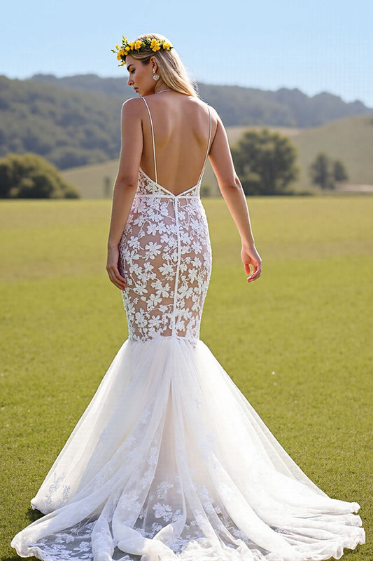 Lace Ivory Mermaid Deep V-Neck Sweep Train Wedding Dress