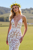 Lace Ivory Mermaid Deep V-Neck Sweep Train Wedding Dress
