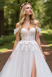 Tulle Ivory A-Line Sweep Train Wedding Dress with Slit