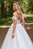 Tulle Ivory A-Line Sweep Train Wedding Dress with Slit