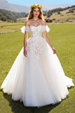 Tulle Corset A-Line Ivory Sweep Train Wedding Dress with Appliques