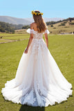 Tulle Corset A-Line Ivory Sweep Train Wedding Dress with Appliques