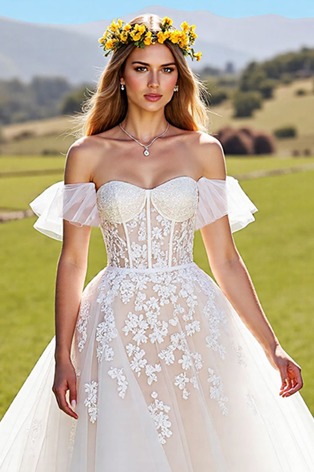 Tulle Corset A-Line Ivory Sweep Train Wedding Dress with Appliques