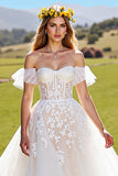 Tulle Corset A-Line Ivory Sweep Train Wedding Dress with Appliques