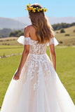 Tulle Corset A-Line Ivory Sweep Train Wedding Dress with Appliques