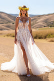 Boho Ivory Sweep Train Wedding Dress with Lace