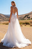 Boho Ivory Sweep Train Wedding Dress with Lace