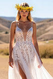Boho Ivory Sweep Train Wedding Dress with Lace