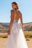 Boho Ivory Sweep Train Wedding Dress with Lace