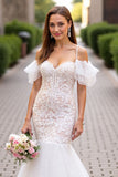Tulle Ivory Mermaid Cold Shoulder Sweep Train Wedding Dress with Lace