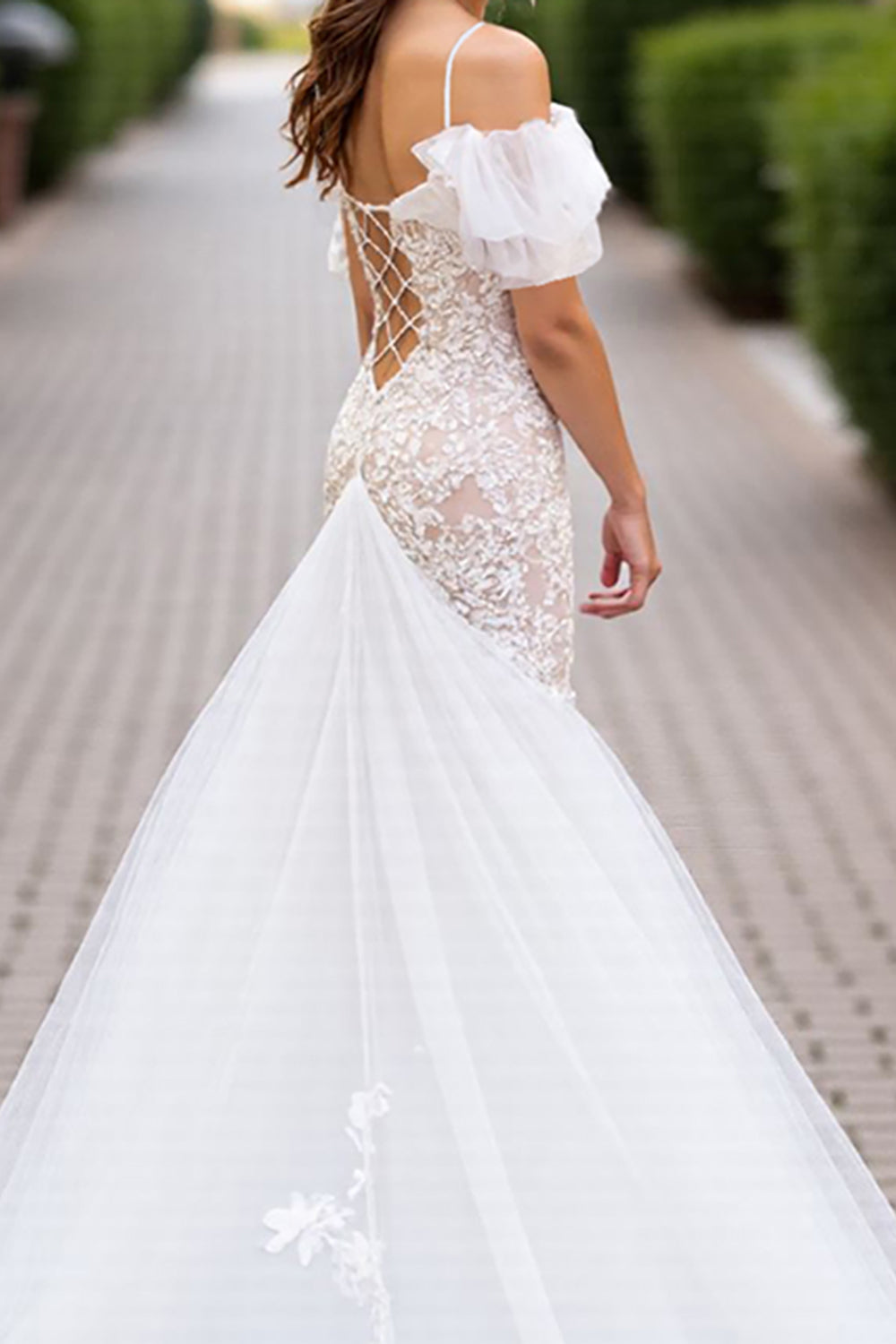 Tulle Ivory Mermaid Cold Shoulder Sweep Train Wedding Dress with Lace