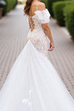 Tulle Ivory Mermaid Cold Shoulder Sweep Train Wedding Dress with Lace