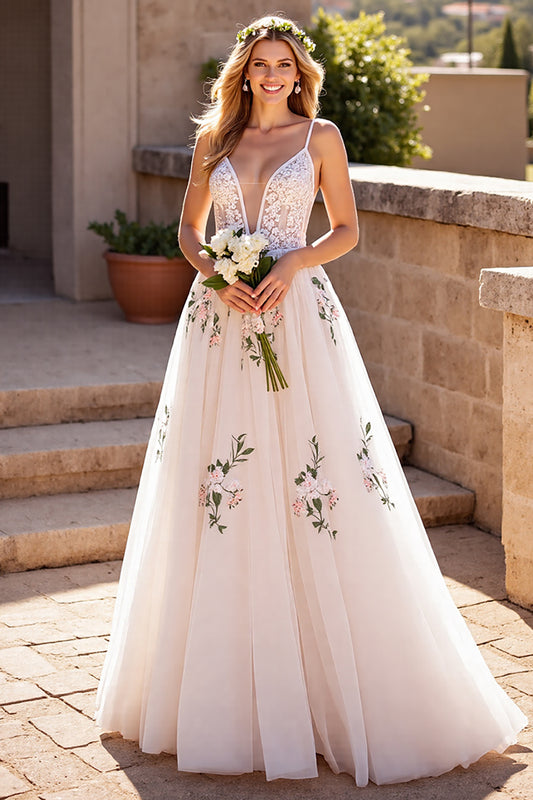 Ivory Floral Deep V-Neck Tulle Sweep Train Wedding Dress with Lace