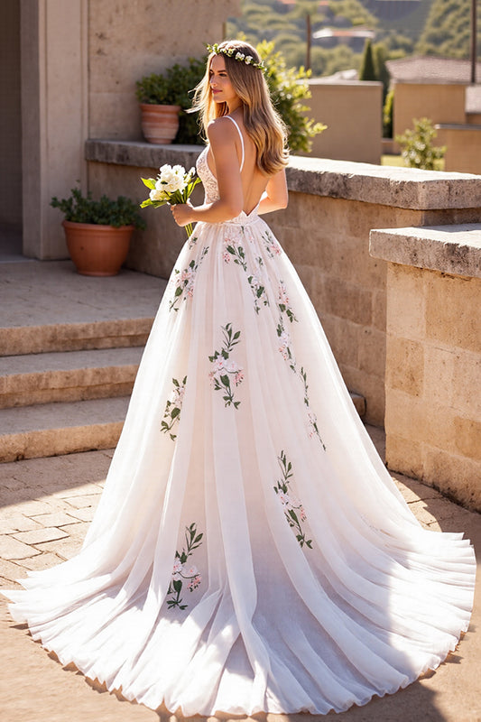 Ivory Floral Deep V-Neck Tulle Sweep Train Wedding Dress with Lace