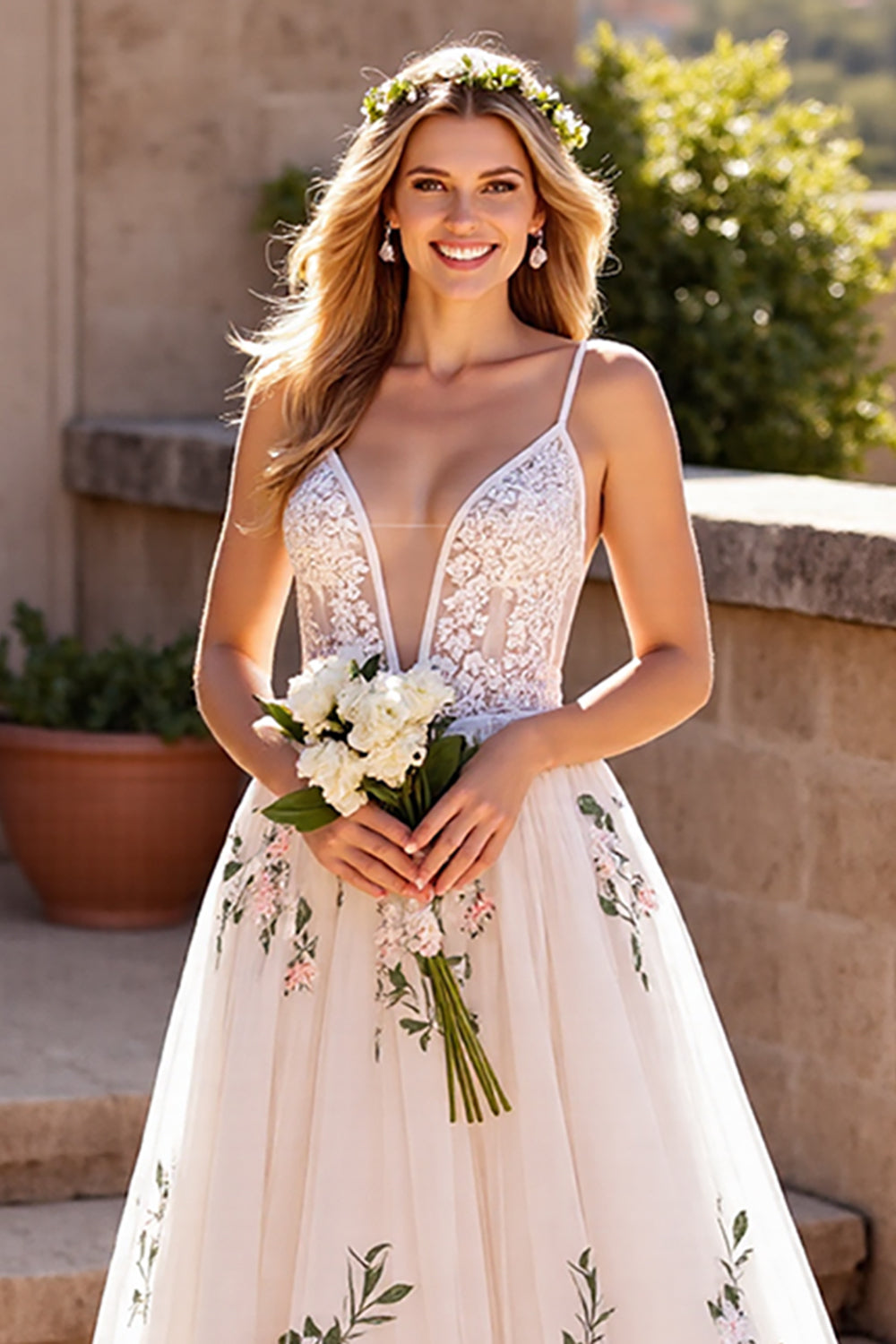 Ivory Floral Deep V-Neck Tulle Sweep Train Wedding Dress with Lace