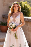 Ivory Floral Deep V-Neck Tulle Sweep Train Wedding Dress with Lace