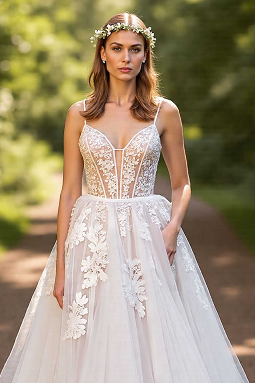 A-Line Corset Tulle Ivory Sweep Train Wedding Dress with Lace