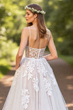 A-Line Corset Tulle Ivory Sweep Train Wedding Dress with Lace