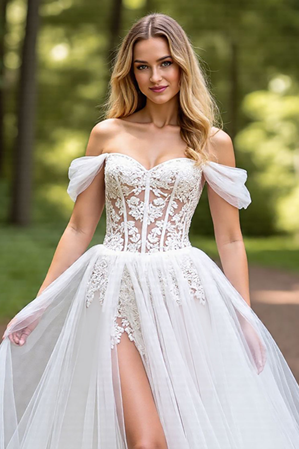 Tulle Corset A-Line Ivory Sweep Train Wedding Dress with Slit