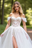 Tulle Corset A-Line Ivory Sweep Train Wedding Dress with Slit