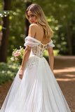 Tulle Corset A-Line Ivory Sweep Train Wedding Dress with Slit