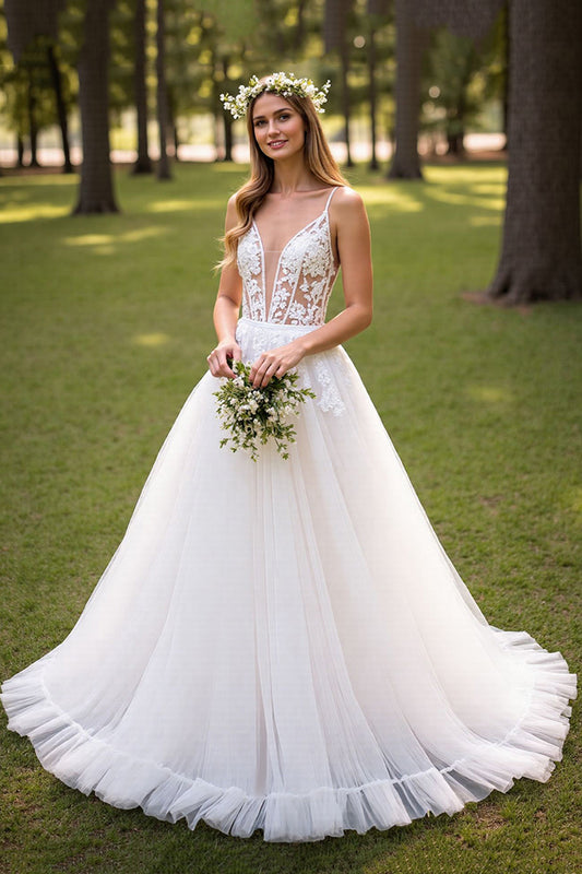 Ivory Tulle Corset Sweep Train Wedding Dress with Appliques