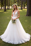 Ivory Tulle Corset Sweep Train Wedding Dress with Appliques