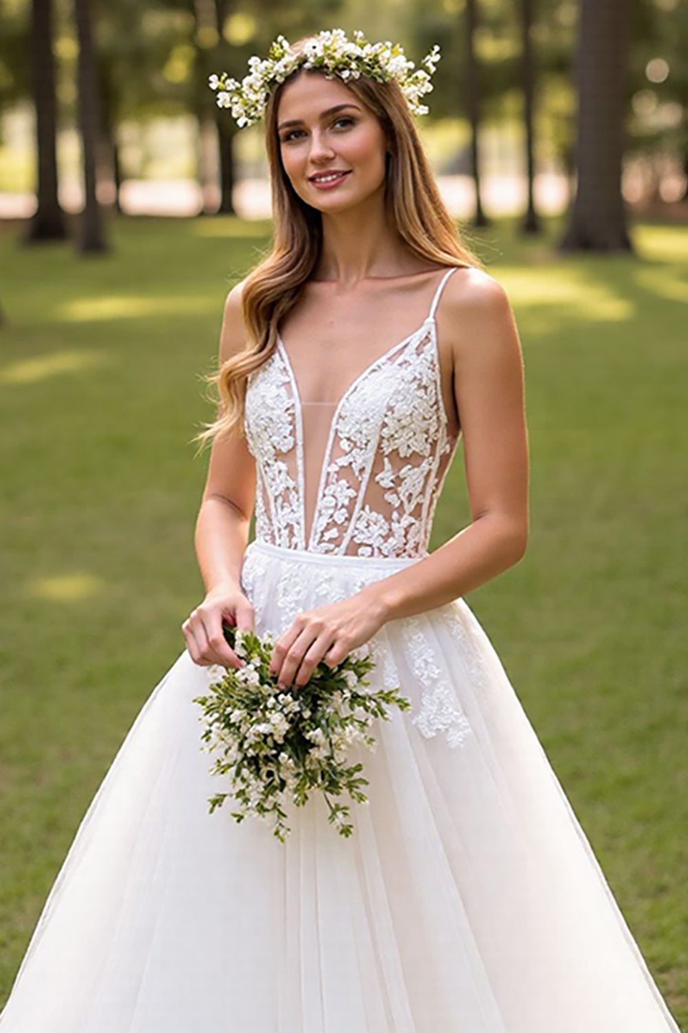 Ivory Tulle Corset Sweep Train Wedding Dress with Appliques