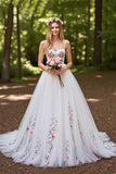 Ivory Floral Tulle Ball Gown Sweep Train Wedding Dress