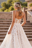 Ivory Lace A Line Corset Deep V-Neck Sweep Train Wedding Dress