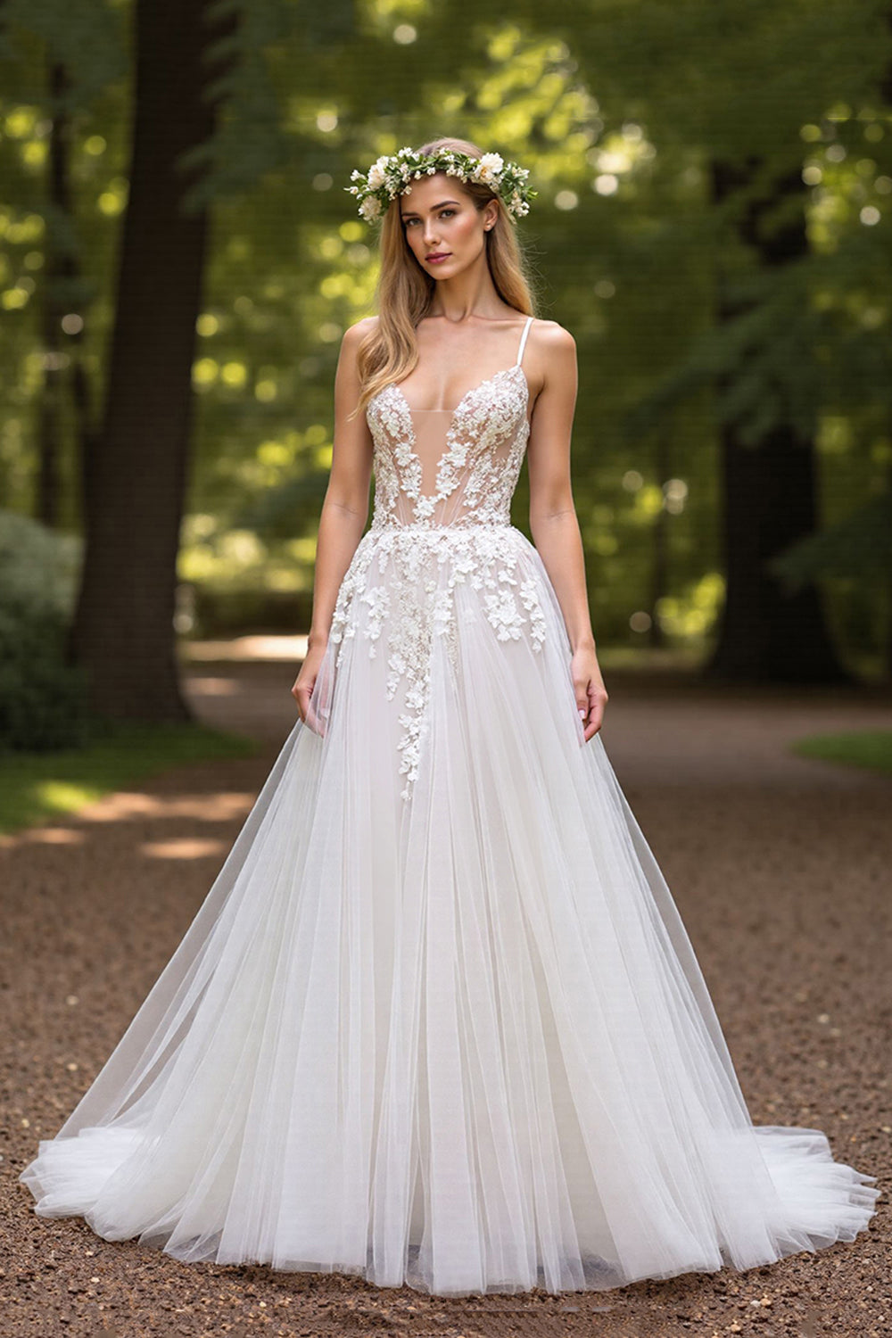 Tulle Deep V-Neck Ball Gown Ivory Wedding Dress with Appliques