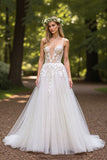 Tulle Deep V-Neck Ball Gown Ivory Wedding Dress with Appliques