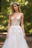 Tulle Deep V-Neck Ball Gown Ivory Wedding Dress with Appliques