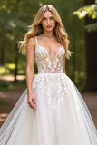 Tulle Deep V-Neck Ball Gown Ivory Wedding Dress with Appliques