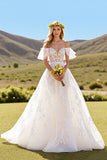 Ivory Short Sleeves Tulle Sweep Train Wedding Dress with Lace