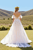 Ivory Short Sleeves Tulle Sweep Train Wedding Dress with Lace