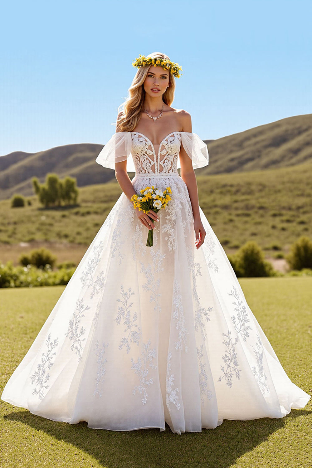 Ivory Short Sleeves Tulle Sweep Train Wedding Dress with Lace