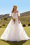 Ivory Short Sleeves Tulle Sweep Train Wedding Dress with Lace