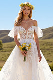 Ivory Short Sleeves Tulle Sweep Train Wedding Dress with Lace