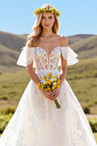 Ivory Short Sleeves Tulle Sweep Train Wedding Dress with Lace
