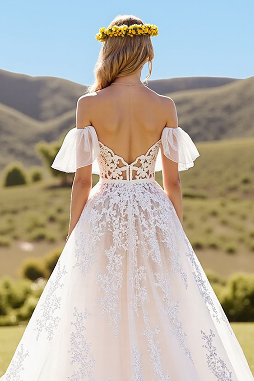 Ivory Short Sleeves Tulle Sweep Train Wedding Dress with Lace
